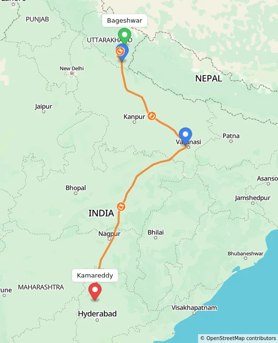 Route map showing distance and travel time from Bageshwar, India to Kamareddy, India