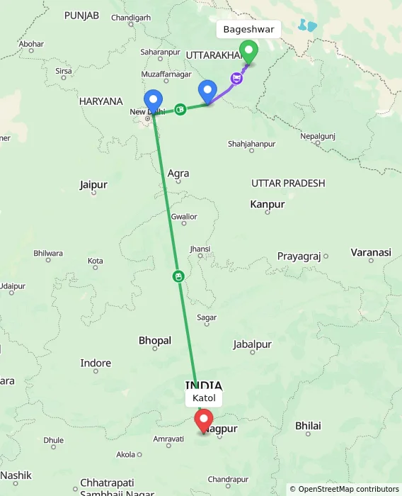 Route map showing distance and travel time from Bageshwar, India to Katol, India