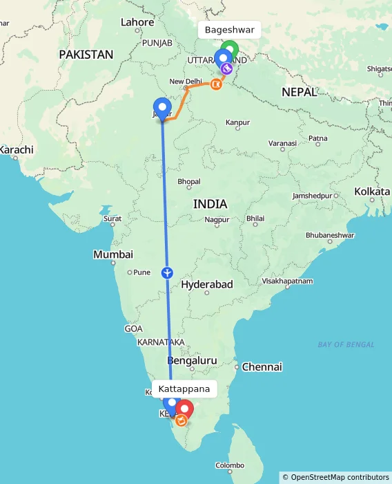 Route map showing distance and travel time from Bageshwar, India to Kattappana, India