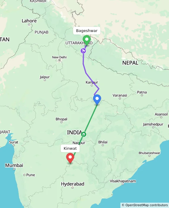 Route map showing distance and travel time from Bageshwar, India to Kinwat, India