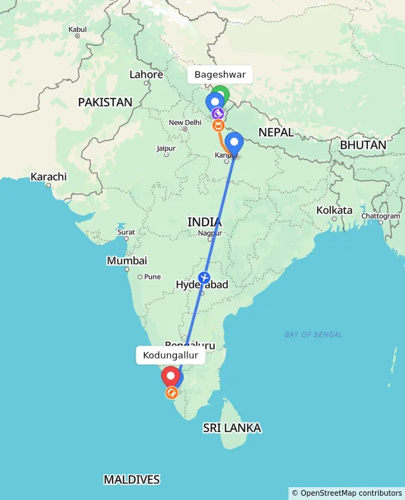Route map showing distance and travel time from Bageshwar, India to Kodungallur, India