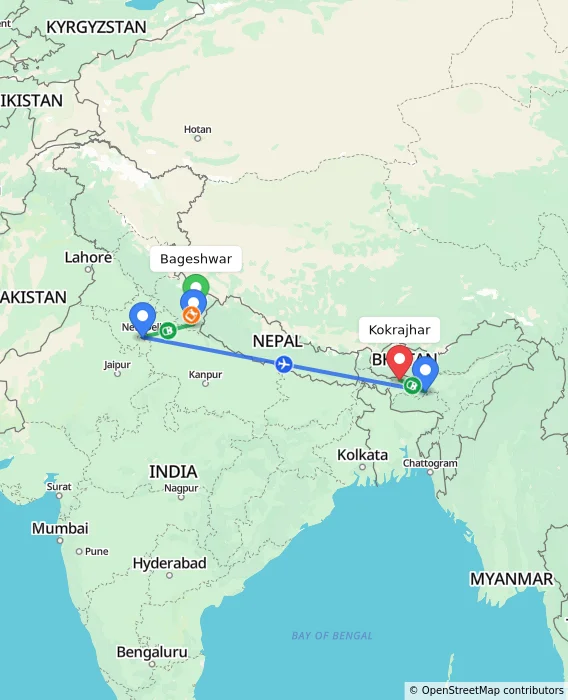 Route map showing distance and travel time from Bageshwar, India to Kokrajhar, India
