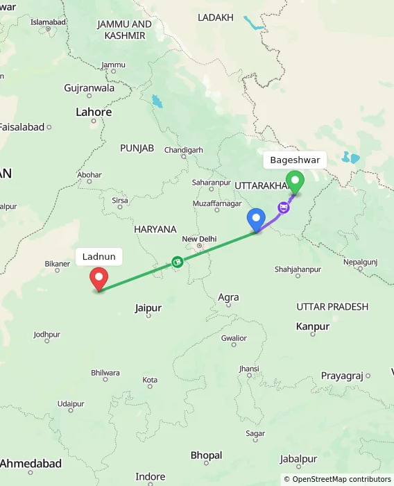 Route map showing distance and travel time from Bageshwar, India to Ladnun, India
