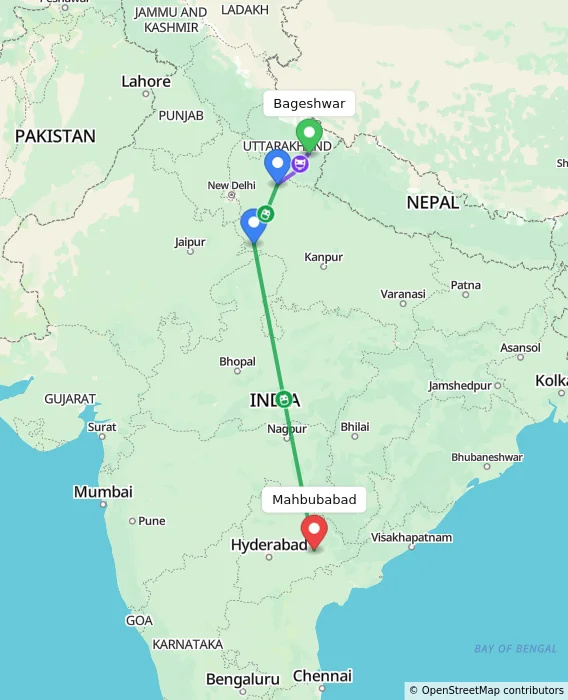 Route map showing distance and travel time from Bageshwar, India to Mahbubabad, India