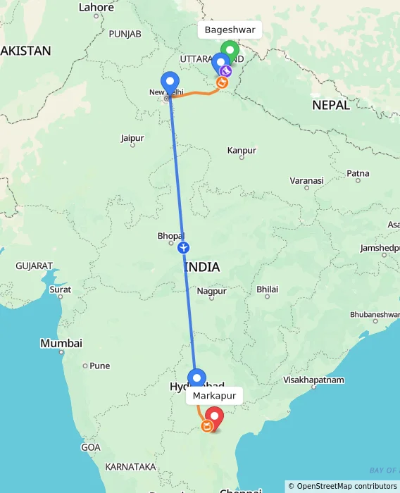 Route map showing distance and travel time from Bageshwar, India to Markapur, India