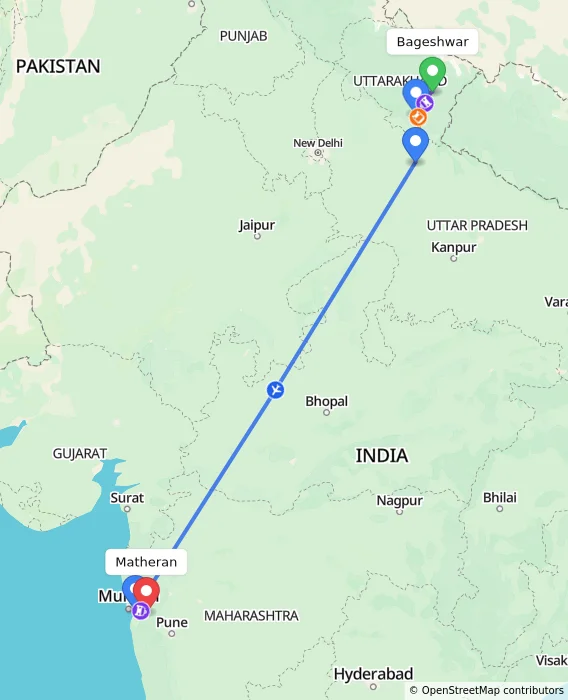 Route map showing distance and travel time from Bageshwar, India to Matheran, India