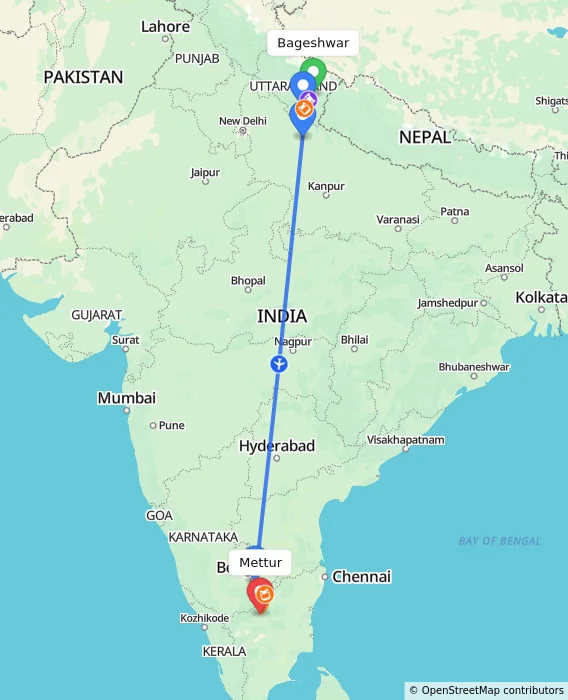 Route map showing distance and travel time from Bageshwar, India to Mettur, India