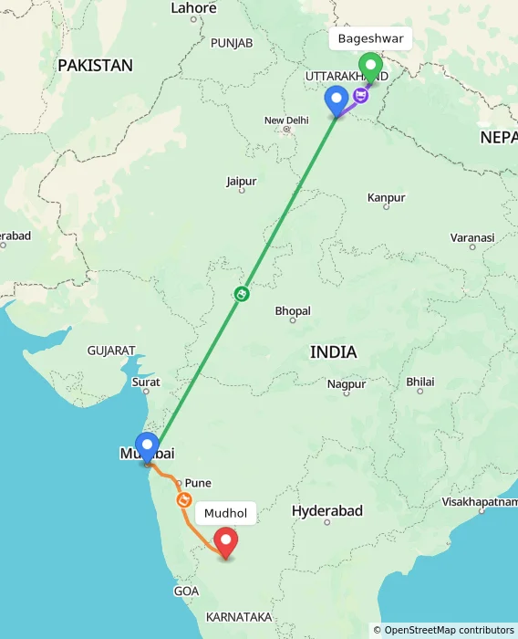 Route map showing distance and travel time from Bageshwar, India to Mudhol, India