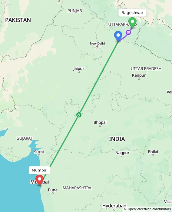 Route map showing distance and travel time from Bageshwar, India to Mumbai, India