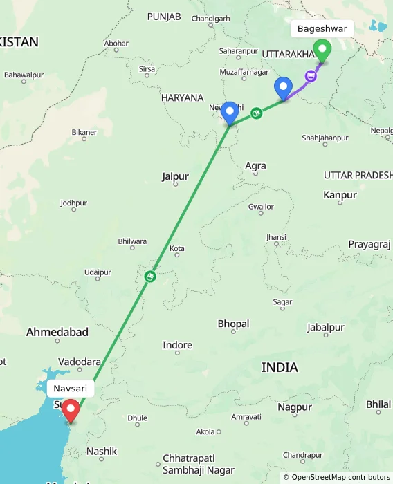 Route map showing distance and travel time from Bageshwar, India to Navsari, India