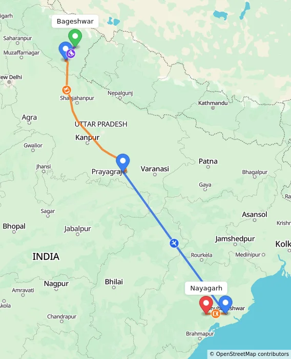 Route map showing distance and travel time from Bageshwar, India to Nayagarh, India