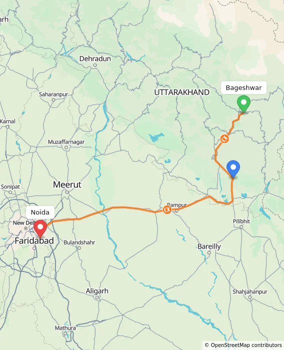 Route map showing distance and travel time from Bageshwar, India to Noida, India