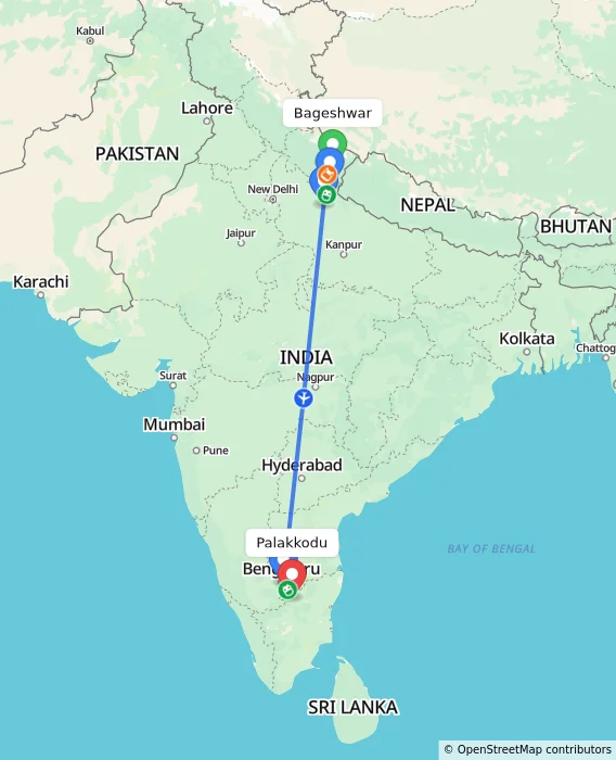 Route map showing distance and travel time from Bageshwar, India to Palakkodu, India