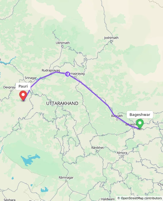 Route map showing distance and travel time from Bageshwar, India to Pauri, India