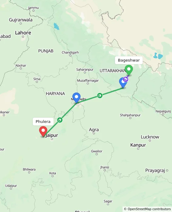 Route map showing distance and travel time from Bageshwar, India to Phulera, India