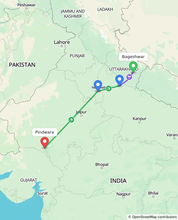 Route map showing distance and travel time from Bageshwar, India to Pindwara, India