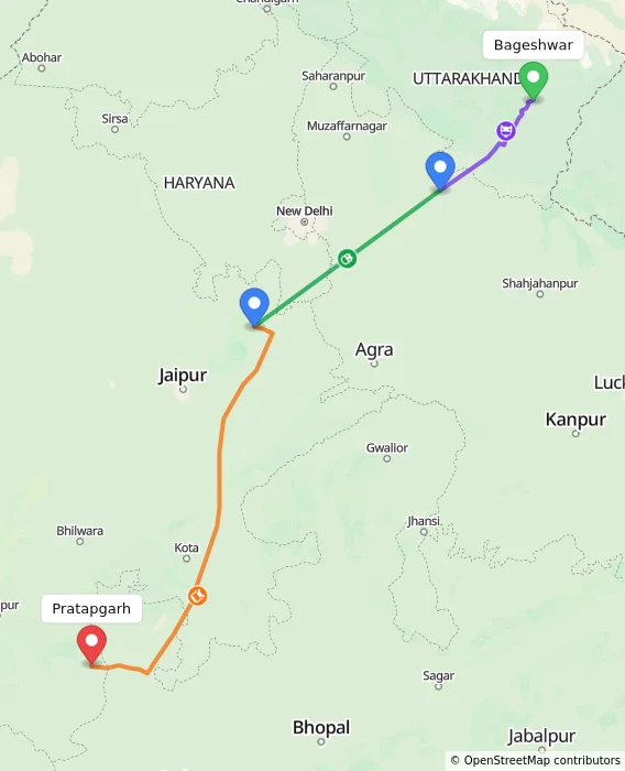 Route map showing distance and travel time from Bageshwar, India to Pratapgarh, India