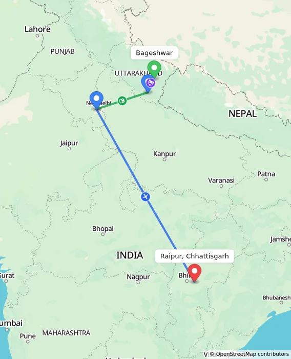 Route map showing distance and travel time from Bageshwar, India to Raipur, Chhattisgarh, India
