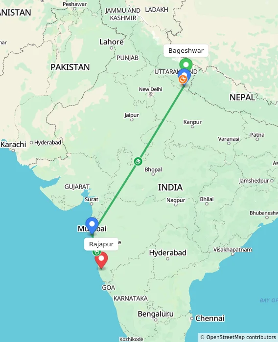 Route map showing distance and travel time from Bageshwar, India to Rajapur, India