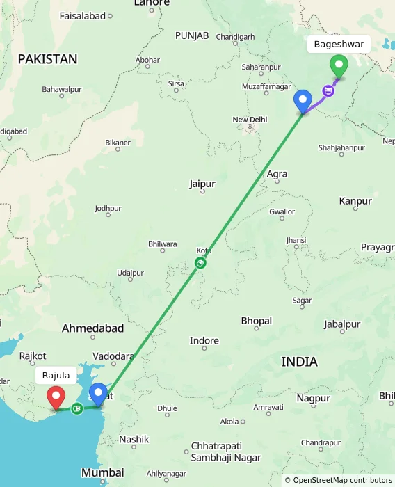 Route map showing distance and travel time from Bageshwar, India to Rajula, India