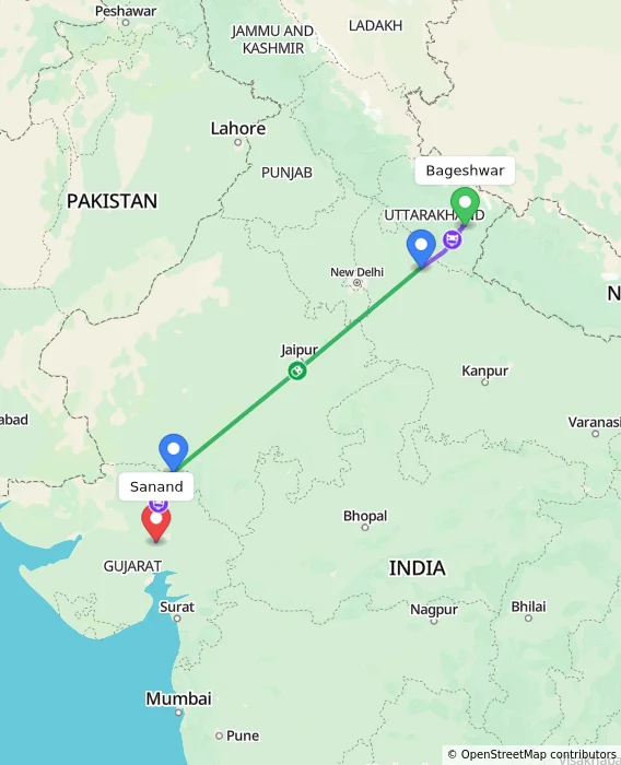 Route map showing distance and travel time from Bageshwar, India to Sanand, India