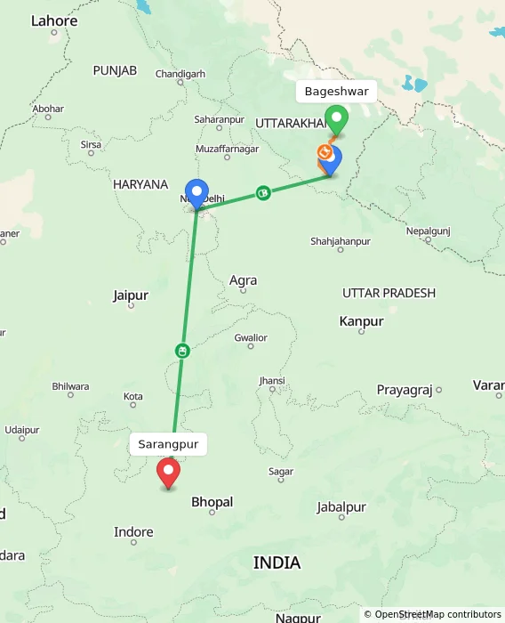 Route map showing distance and travel time from Bageshwar, India to Sarangpur, India