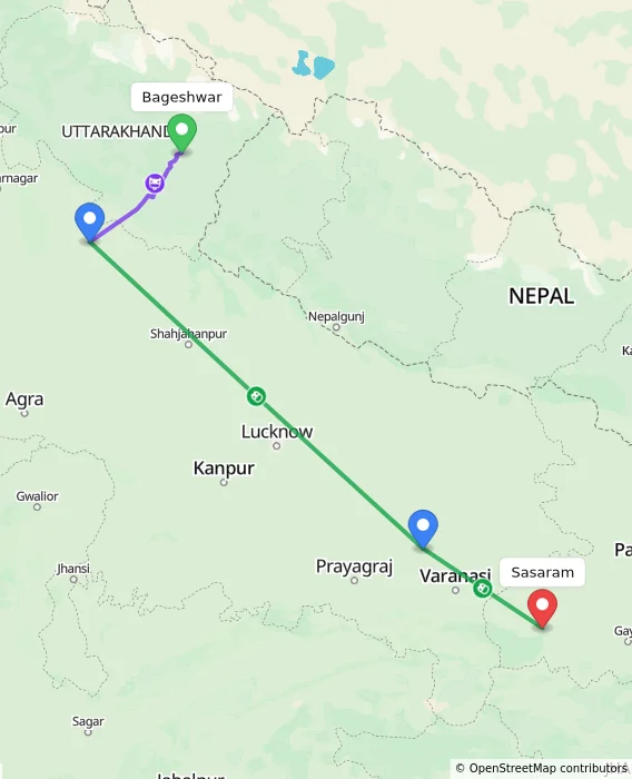 Route map showing distance and travel time from Bageshwar, India to Sasaram, India