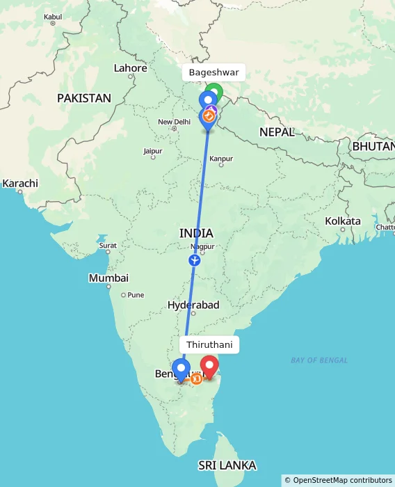 Route map showing distance and travel time from Bageshwar, India to Thiruthani, India
