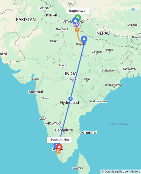 Route map showing distance and travel time from Bageshwar, India to Thodupuzha, India