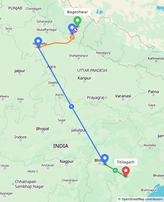 Route map showing distance and travel time from Bageshwar, India to Titilagarh, India