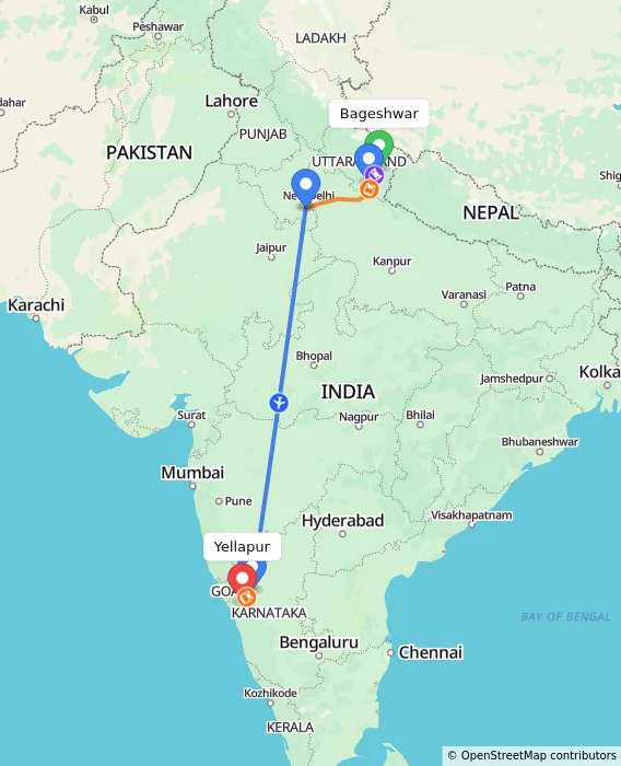 Route map showing distance and travel time from Bageshwar, India to Yellapur, India