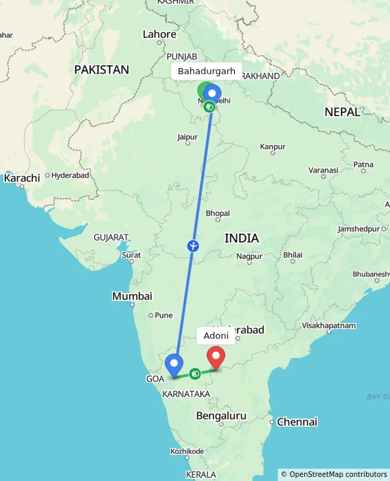 Route map showing distance and travel time from Bahadurgarh, India to Adoni, India