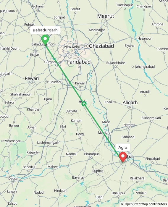 Route map showing distance and travel time from Bahadurgarh, India to Agra, India