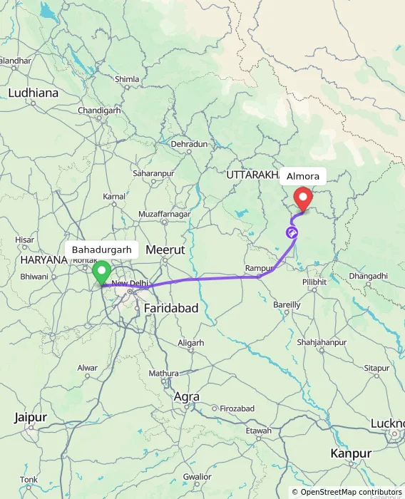 Route map showing distance and travel time from Bahadurgarh, India to Almora, India