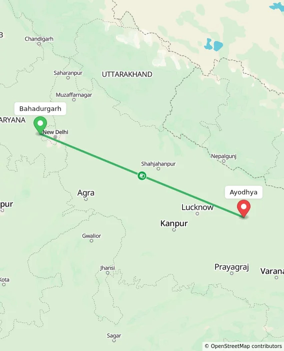 Route map showing distance and travel time from Bahadurgarh, India to Ayodhya, India