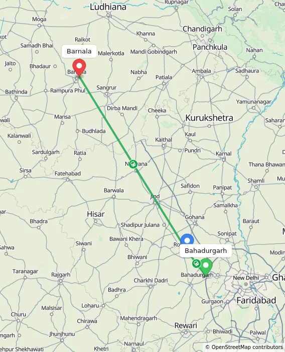 Route map showing distance and travel time from Bahadurgarh, India to Barnala, India