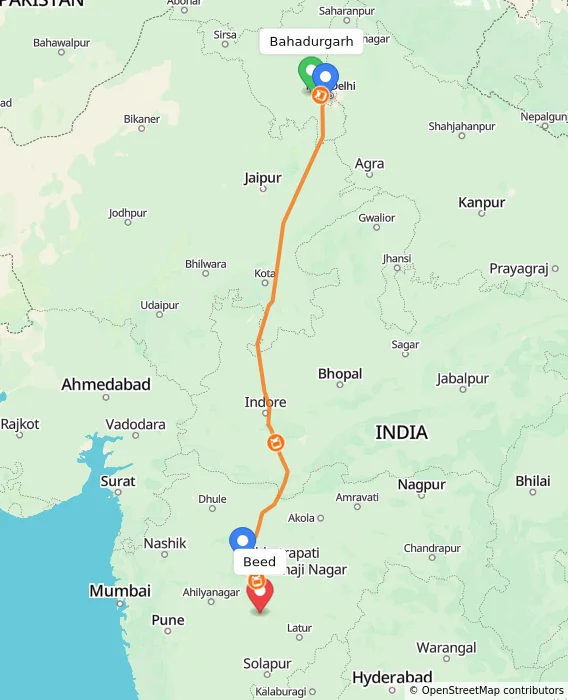Route map showing distance and travel time from Bahadurgarh, India to Beed, India