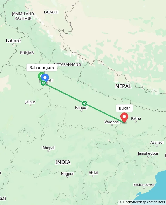 Route map showing distance and travel time from Bahadurgarh, India to Buxar, India