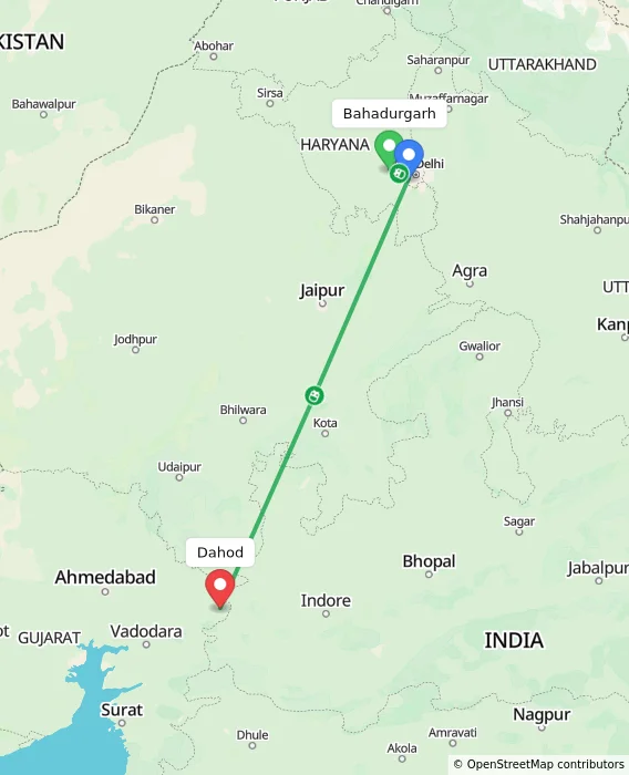 Route map showing distance and travel time from Bahadurgarh, India to Dahod, India