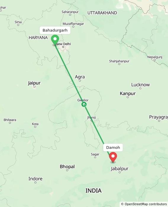 Route map showing distance and travel time from Bahadurgarh, India to Damoh, India