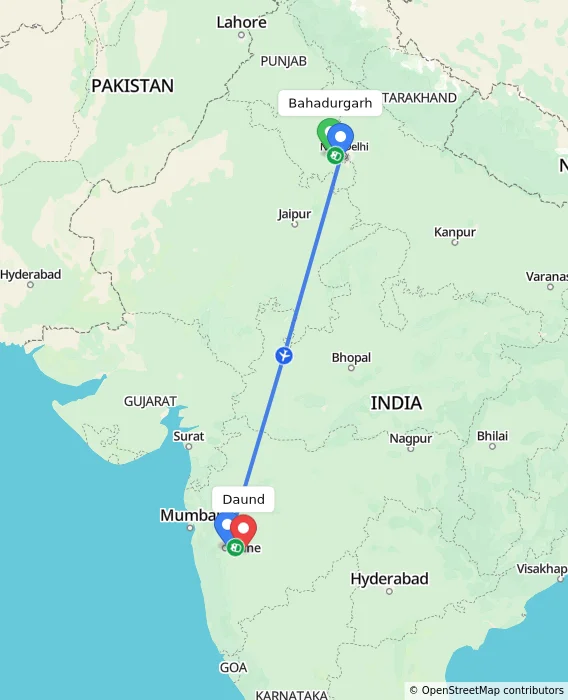 Route map showing distance and travel time from Bahadurgarh, India to Daund, India