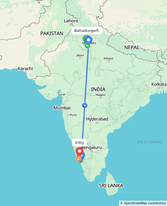 Route map showing distance and travel time from Bahadurgarh, India to Iritty, India