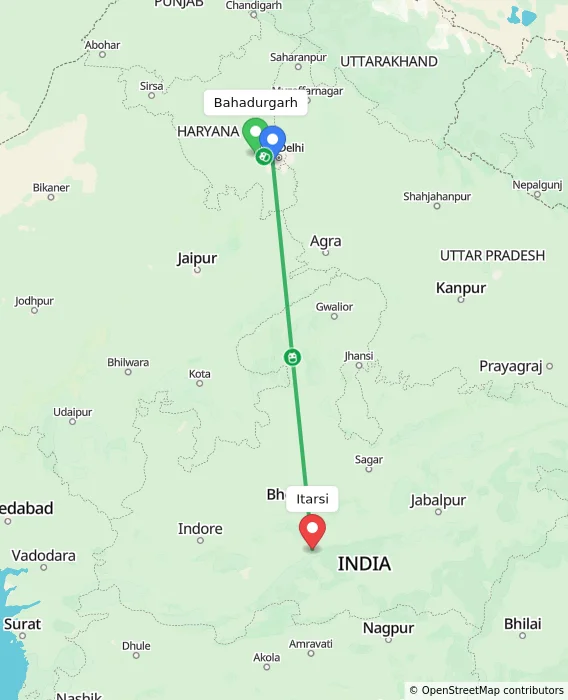 Route map showing distance and travel time from Bahadurgarh, India to Itarsi, India