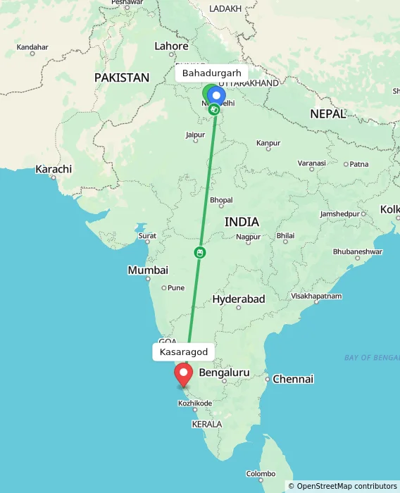 Route map showing distance and travel time from Bahadurgarh, India to Kasaragod, India
