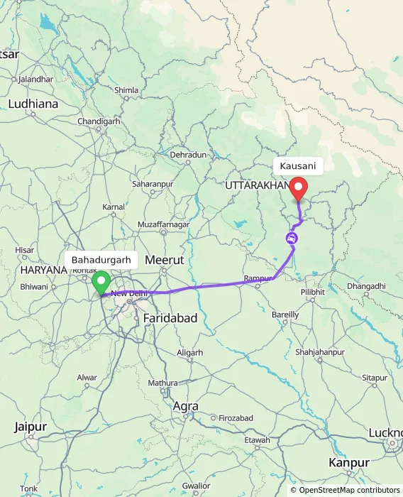 Route map showing distance and travel time from Bahadurgarh, India to Kausani, India