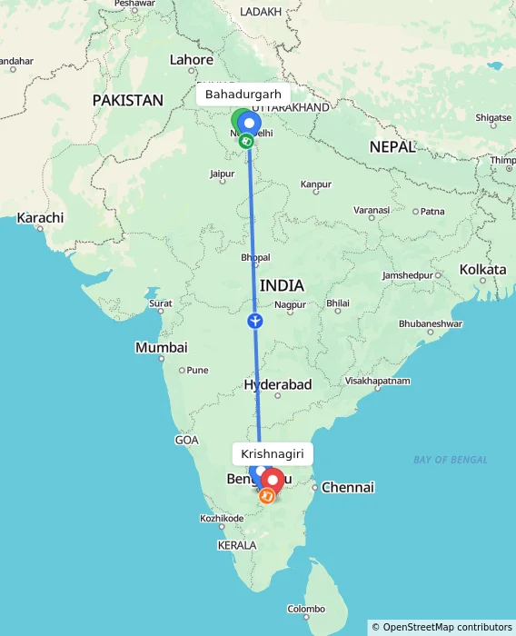 Route map showing distance and travel time from Bahadurgarh, India to Krishnagiri, India