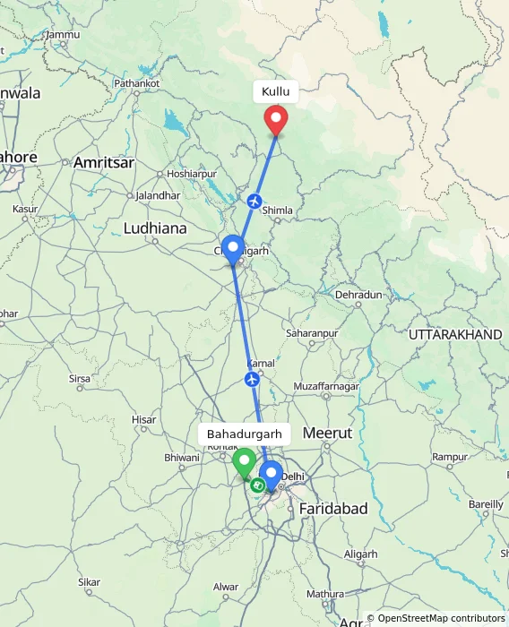 Route map showing distance and travel time from Bahadurgarh, India to Kullu, India