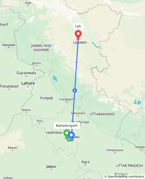 Route map showing distance and travel time from Bahadurgarh, India to Leh, India