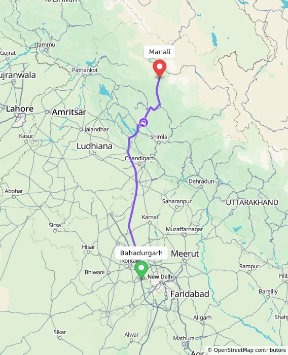 Route map showing distance and travel time from Bahadurgarh, India to Manali, India