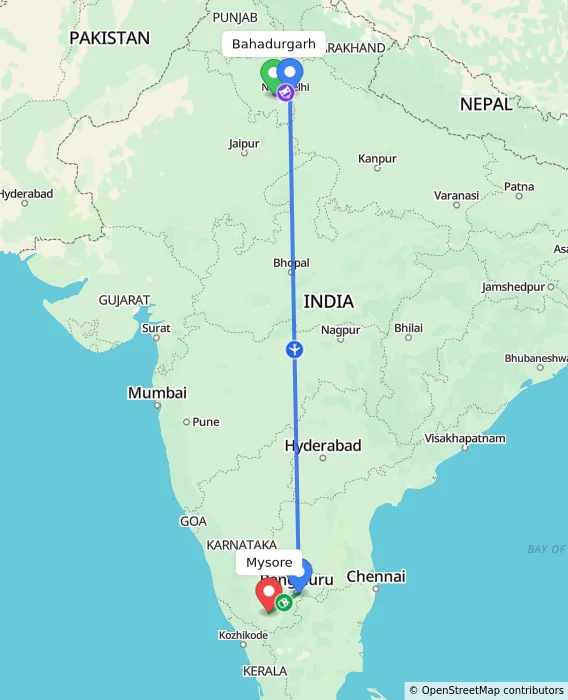 Route map showing distance and travel time from Bahadurgarh, India to Mysore, India